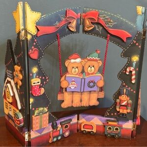 Festive Swinging Bear and House, accordion-style Christmas decoration